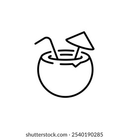 Coconut drink icon. Minimal line art of a tropical coconut beverage with a straw and umbrella. Perfect for summer, vacation, and tropical-themed designs. Vector illustration