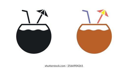 Coconut drink icon set in black and colored