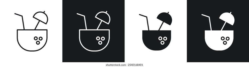 Coconut drink icon set. Vector symbols in black and white colors.