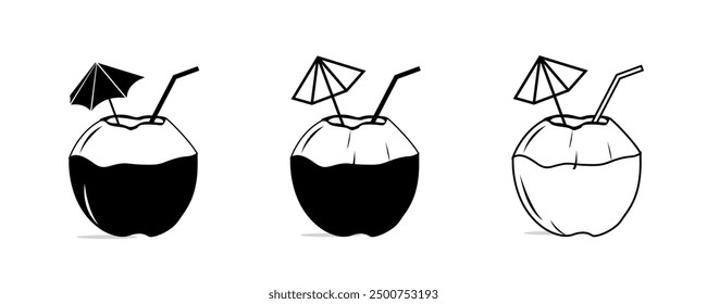 Coconut drink icon vector illustration, Drinking fresh coconut on the beach sign, thunder coconut beach clip art icon isolated, Beach symbol, drinks clipart, coconut drink with straw, cocktail icon.