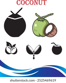 Ilustración vectorial de icono de bebida de coco, beber coco fresco en el letrero de la playa, Clip de playa de coco de trueno icono de arte aislado, Beach symbol, Clipart de bebidas, bebida de coco con paja, icono de cóctel.