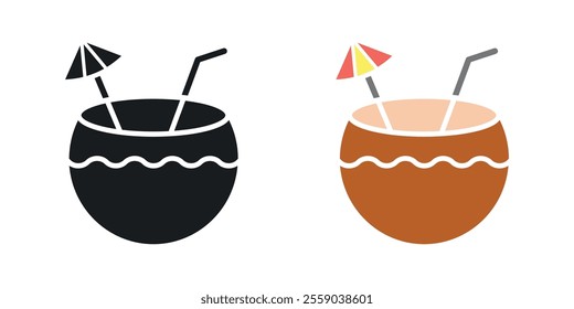 Coconut drink icons in black and colored version