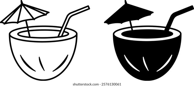 Coconut Drink Icons. Black and White Vector Icons. Coconut, Umbrella, and Straw. Festive Sweet Drink. Brazilian Carnival Concept