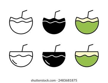 Kokosgetränk-Ikonen. Trinken frische Kokosnuss am Strand Zeichen und Symbol in Linie, flach und Silhouette Stil. Vektorillustration