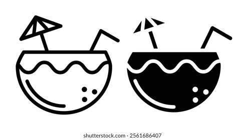 Coconut drink Icons set in solid and thin line style