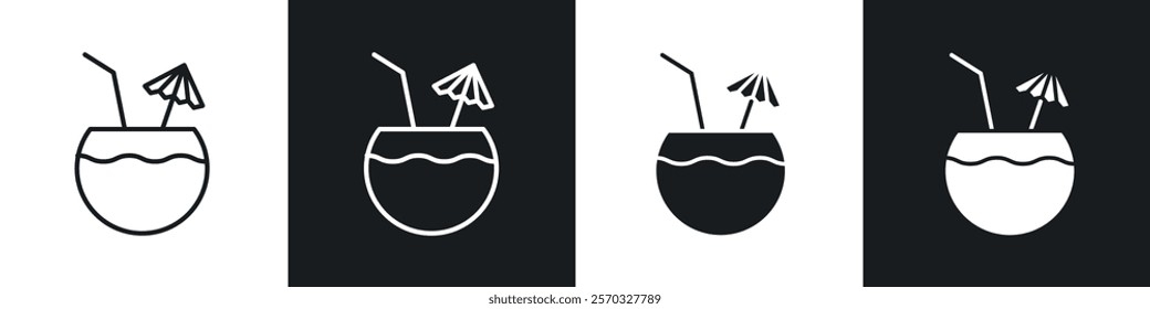 Coconut drink icons vectors set in black. line and flat versions