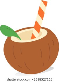 Coconut Drink Illustration Vector. Summer Theme. A colorful summer-themed vector illustration of a tropical coconut drink with a striped straw and green leaf garnish.