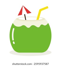 Coconut drink isolated on white background.Summer beach refreshing beverage element.Vector graphic symbol.Young coconut tropical fruit with umbrella and drinking straw.