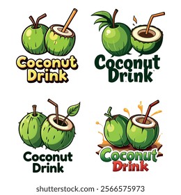 Coconut drink logo with fresh green coconuts and straws, perfect for tropical beverage branding, juice bars, and organic drink packaging, refreshing and natural style