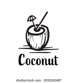 Coconut Drink Logo Silhouette. Coconut Cocktail Hand Drawn Natural Drink Symbol