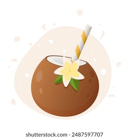 Bebida de coco sobre un fondo abstracto. Diseño de verano para póster, volante, impresión de ropa, invitación de fiesta. Ilustración vectorial.