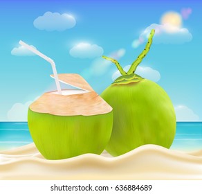 coconut drink on a bright sea sand beach