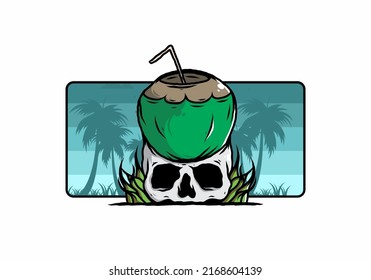 Coconut drink on human skull illustration design