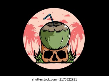 Coconut drink on human skull illustration design