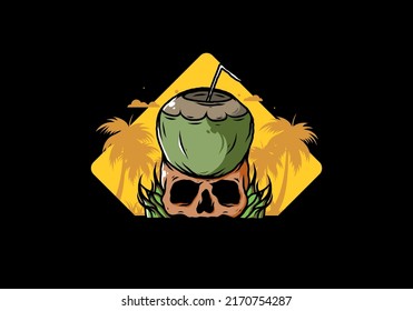 Coconut drink on human skull illustration design