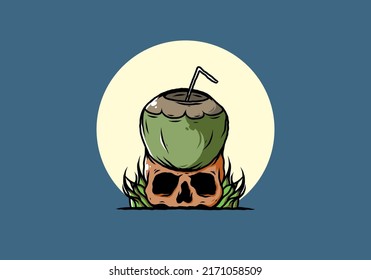 Coconut drink on human skull illustration design