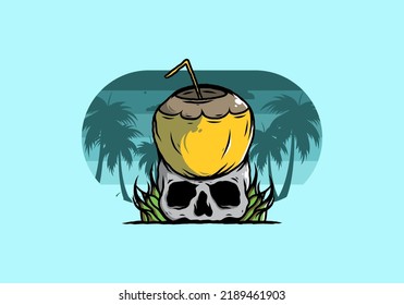 Coconut drink on human skull illustration design