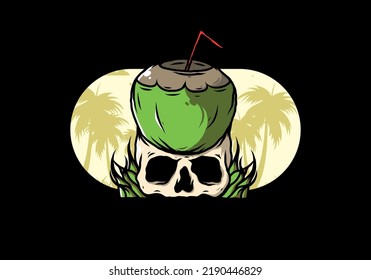 Coconut drink on human skull illustration design