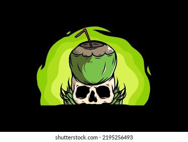 Coconut drink on human skull illustration design