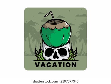 Coconut drink on human skull illustration design