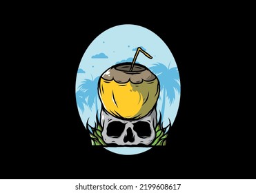 Coconut drink on human skull illustration design