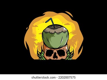 Coconut drink on human skull illustration design