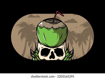 Coconut drink on human skull illustration design