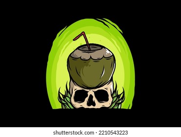 Coconut drink on human skull illustration design