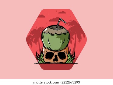 Bebida de coco en el diseño de ilustración de cráneo humano