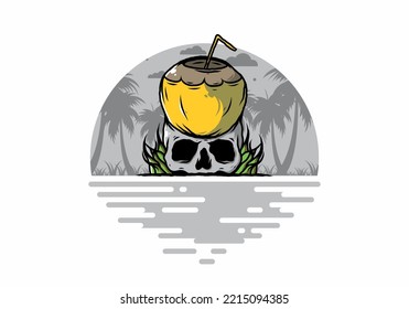 Coconut drink on human skull illustration design
