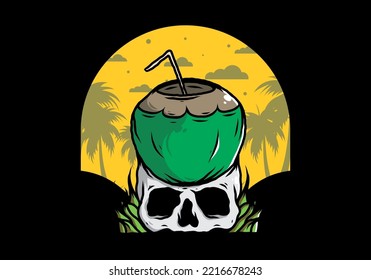 Coconut drink on human skull illustration design