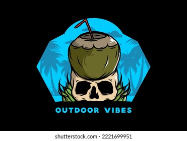 Coconut drink on human skull illustration design