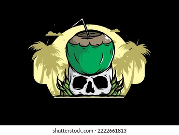 Coconut drink on human skull illustration design