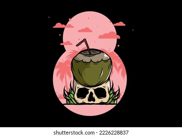 Coconut drink on human skull illustration design