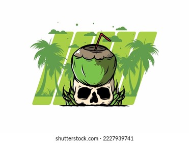 Coconut drink on human skull illustration design