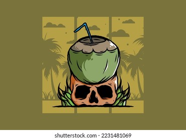 Coconut drink on human skull illustration design