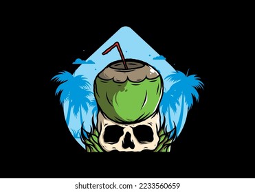 Coconut drink on human skull illustration design
