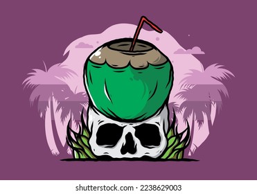 Coconut drink on human skull illustration design
