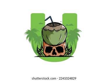 Coconut drink on human skull illustration design