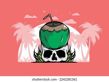 Coconut drink on human skull illustration design