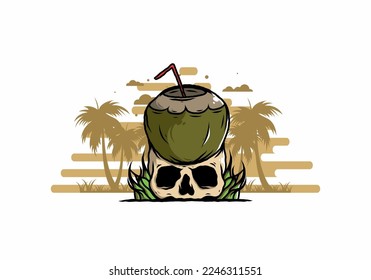 Coconut drink on human skull illustration design