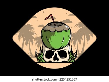 Coconut drink on human skull illustration design