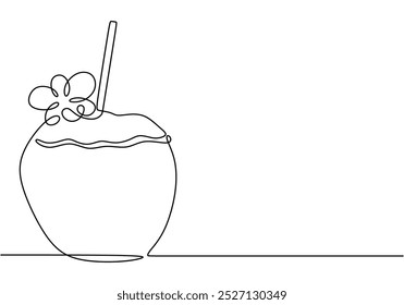 Coconut drink in one continuous line drawing. Minimalist design for tropical beverage and summer vacation themes. Simplified hand-drawn illustration.