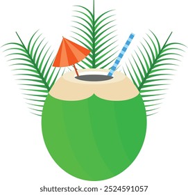 Coconut Drink and Palm Leaves Isolated