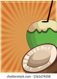 coconut drink and slice over retro background, colorful design , vector illustration