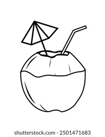 Bebida de coco con paja, icono de cóctel. Ilustración vectorial de icono de bebida de coco, beber coco fresco en el letrero de la playa, Clip de playa de coco de trueno icono de arte aislado, Beach symbol, bebidas Clipart, 