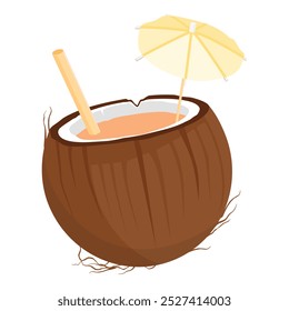 Coconut drink with straw and coctail umbrella isolated on white background. Vector illustration