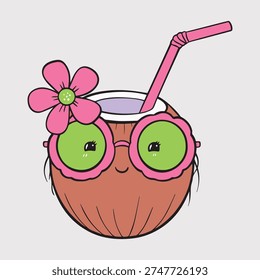 Coconut Drink with Straw Summer Cartoon