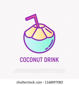 Coconut drink with straw thin line icon. Modern vector illustration of exotic beverage.