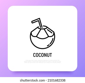 Coconut drink with straw thin line icon. Modern vector illustration of exotic beverage.
